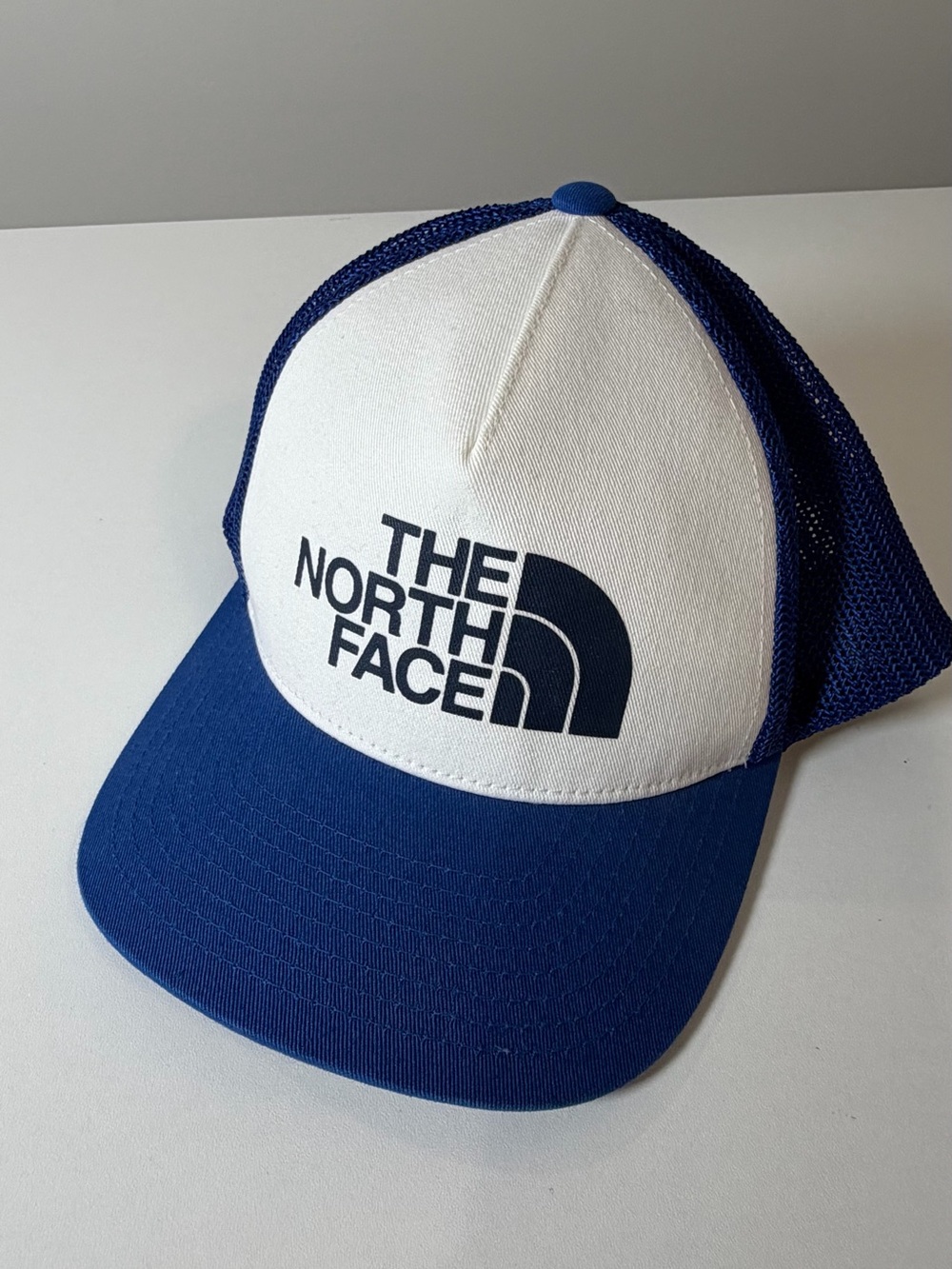 The North Face Classic White Front Blue Mesh Trucker Hat Flexfit One Size
